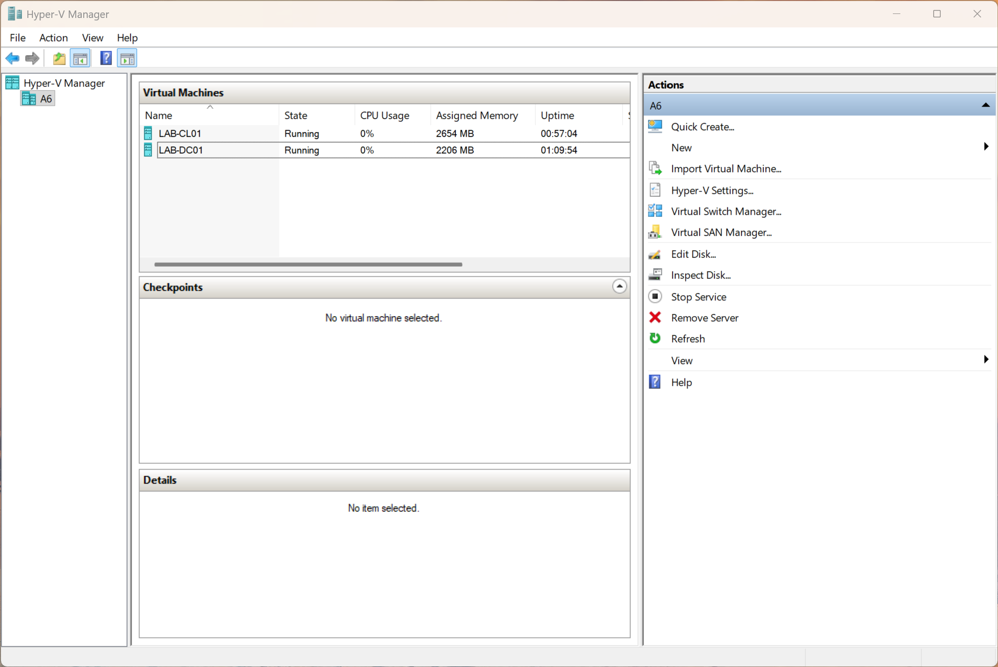 Hyper-V Manager with LAB-DC01 and LAB-CL01