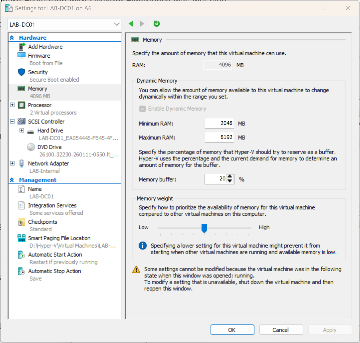LAB-DC01 VM settings